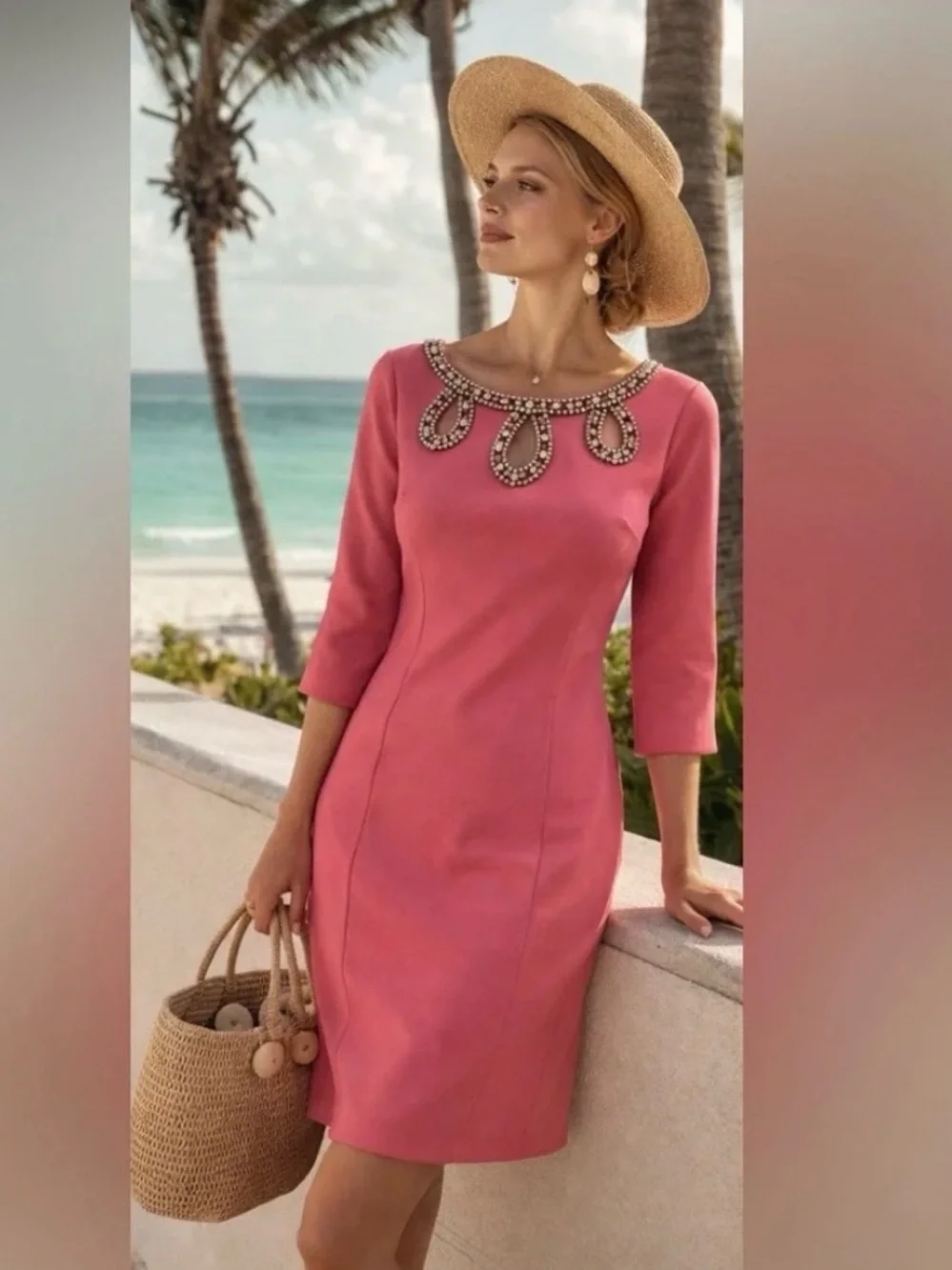 Lilly Pulitzer Bronte Shift Dress Scuba Beaded Jeweled Neckline Pink Azalea 10 - Picture 2 of 15